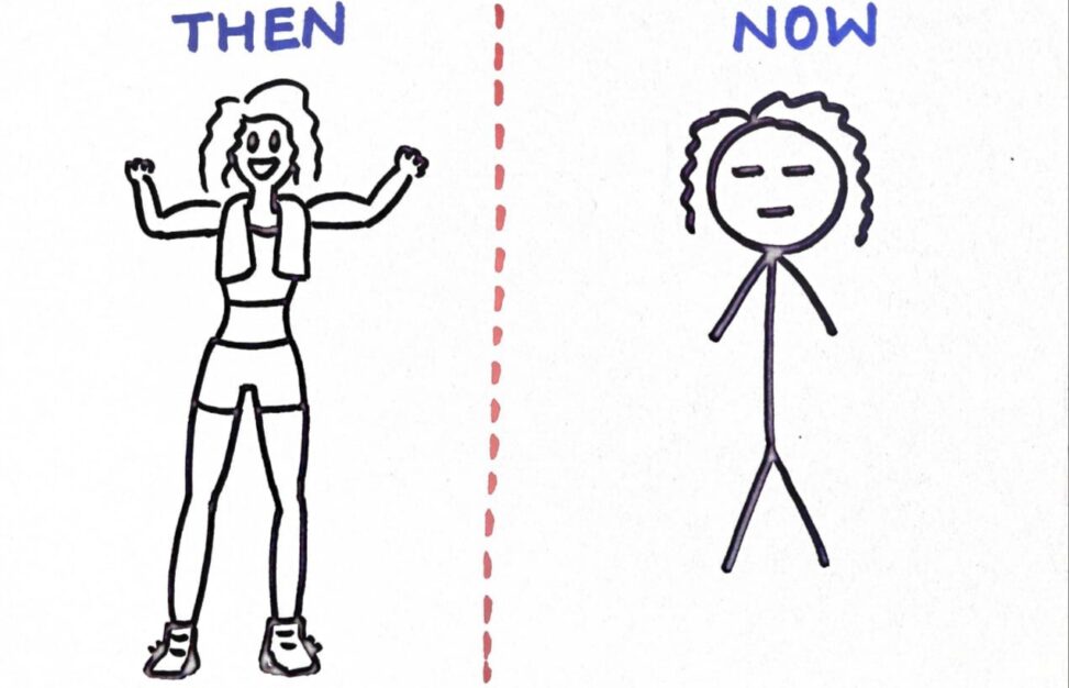 Two stick figures of a girl-- left girl seems athletic and happy while the girl on right seems sad and lazy.