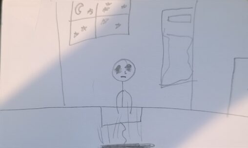 A stick figure person sitting at a desk playing on the computer at night instead of sleeping.