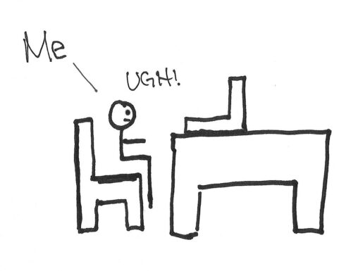 There is a stick figure sitting on top of a chair in front of a table, on top of table, there is a laptop. The stick figure is working on some homework for school, during COVID, where there are online classes. The stick figure is tired of working on the screen for too long and says “ugh!”