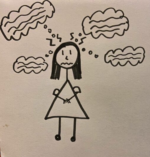 stick figure girl with a worried face and hands clasped together. four thought bubbles connected to her head and four lighting bolts around her head.