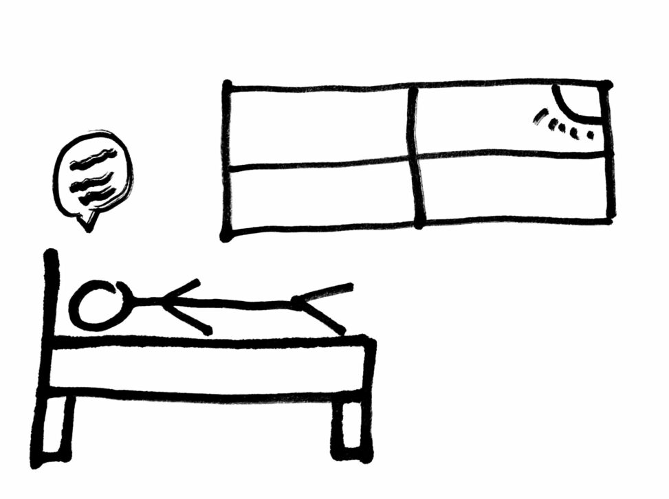 A stick figure laying in bed, with a sunset in the window. The stick figure has a thought bubble above his head mixed with multiple thoughts