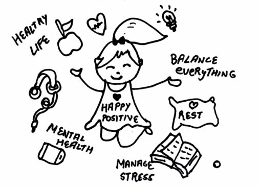 Stick figure person smiling while surrounded by things like pillow, book, apple, healthy heart and bulb.