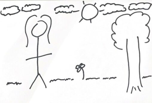 A girl walking in a sunny weather. It also showed a tree and flower.