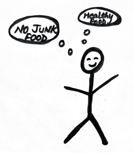 The stick figure is thinking of only avoiding junk food