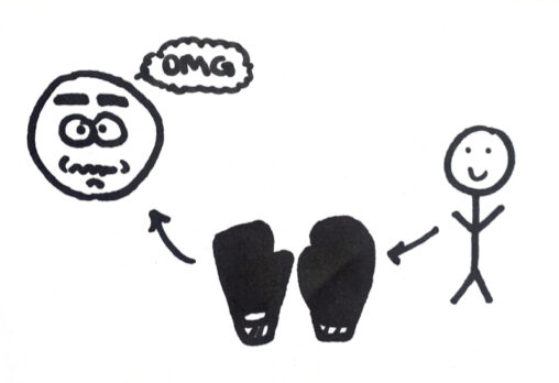 Stick figure giving boxing gloves to an anxious person