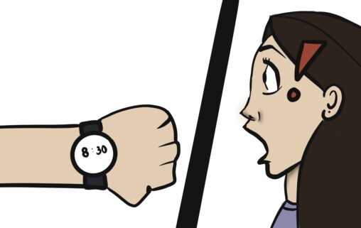 A wrist with a watch on and a girl with a shocked face