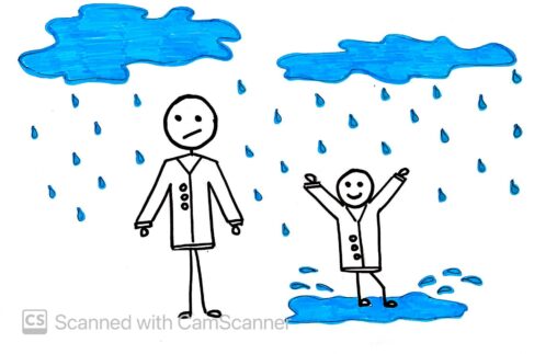 A disappointed adult stick figure with an extremely axited child figure spent an hour outdoors.