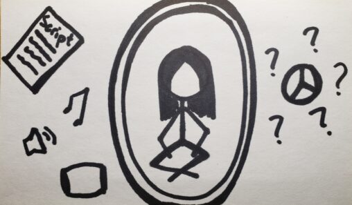 Stick figure sits in mirror frame. Left: a script, pillow, audio, and music. Right: peace symbol with question marks.