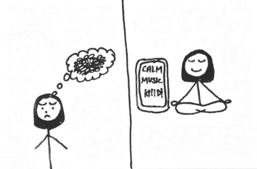 stick figure person feeling anxious but later trying meditation with calm music for positive affect.