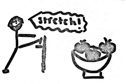 A stick figure person preparing healthy food and while stretching.