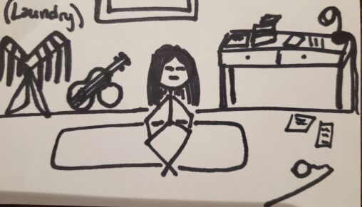 A stick figure sits cross- legged on a yoga mat in a cluttered room.