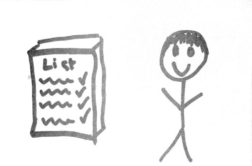 Stick Figure Staring at checklist, happy with achieved accomplishments.