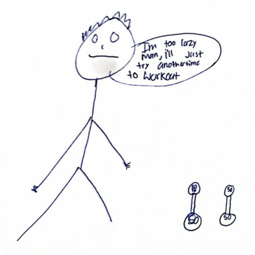 A stick figure who is sad and with two 50ib dumbbells around him.