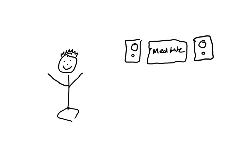 A stick figure sitting on the ground with a television and speakers