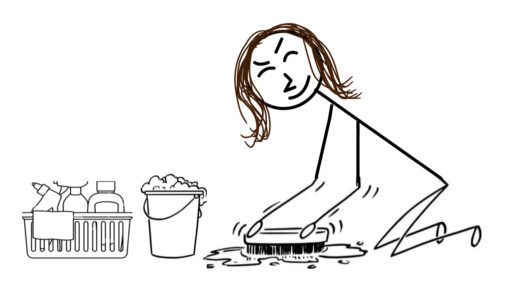 Anna drawn as a stick figure is shown on her knees scrubbing the floor with a brush as a bucket of soap and a cleaning caddy is beside her.