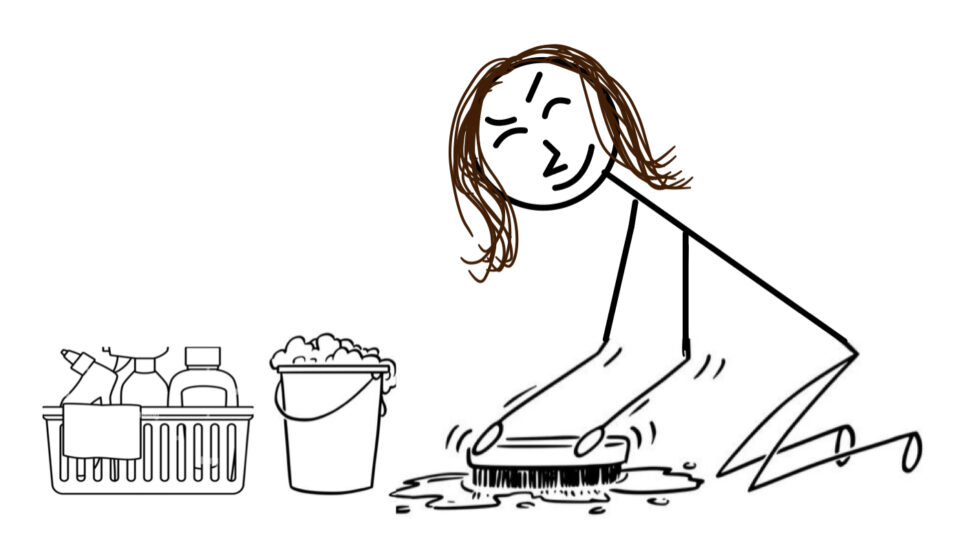 Anna drawn as a stick figure is shown on her knees scrubbing the floor with a brush as a bucket of soap and a cleaning caddy is beside her.