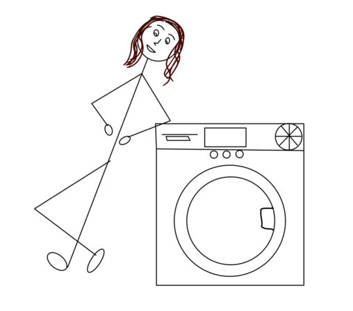 Anna is drawn as a stick figure and is leaning against the washer machine, waiting for the load to finish.