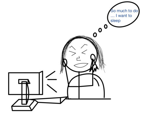 Anna as a stick figure is sitting in front of her desktop, holding her face sobbing with a tissue in her left hand.