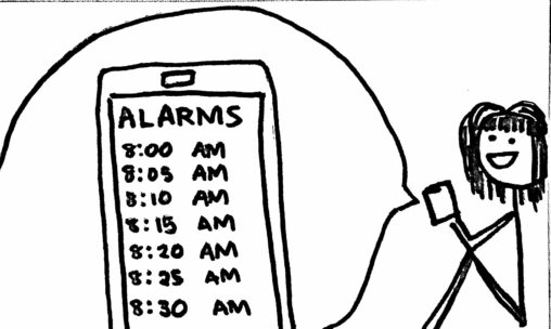 A person holding a phone making alarms that starts from 8:00am and every five minutes after that.