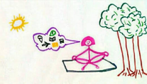 Stick figure of me practising meditation in an open park in the early mind to make myself positive.