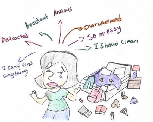 Female cartoon is frustrated and overwhelmed by how messy and how disorganized her room is.