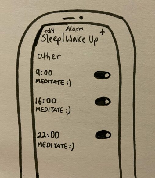 Phone screen on alarm page with three alarms, one at 9am, 4pm and 10pm to remember to meditate.