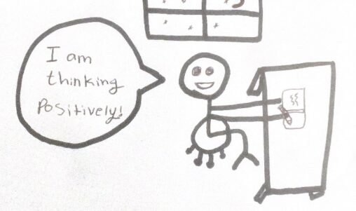 A stick figure sitting in an office chair, holding a pen and writing in a journal. There is a window that shows the moon and stars to acknowledge that it is before bedtime. The person is smiling and saying, “I m thinking positively.”
