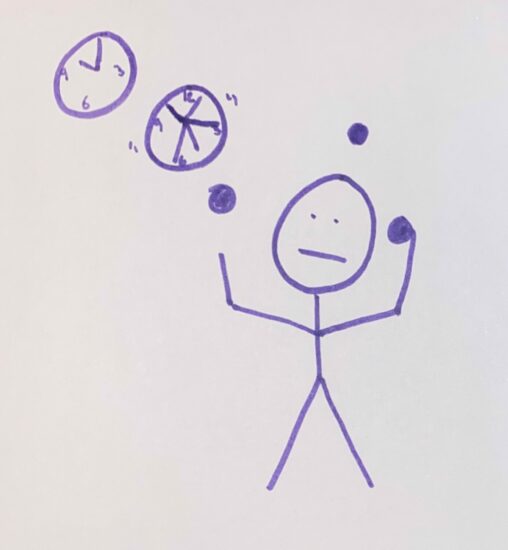 There are two clocks, one showing 10am and the other with multiple minute hands, a person is juggling three balls with an frown