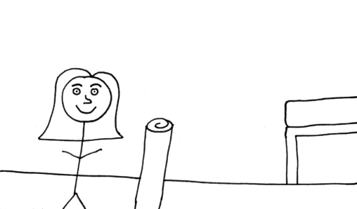 A stick figure girl stands next to a yoga mat in an open area. There is a bed in the corner of the room.