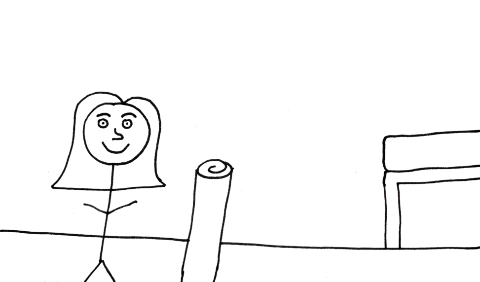 A stick figure girl stands next to a yoga mat in an open area. There is a bed in the corner of the room.