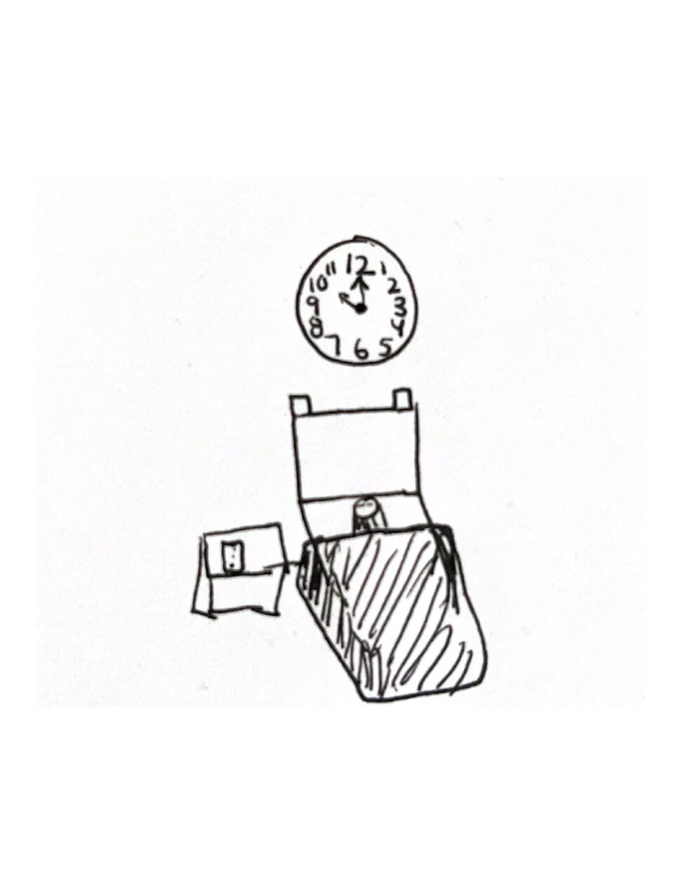 Figure in bed, time is 10pm on the clock. The figure is laying down and the phone is on the side table. Figures eyes are closed