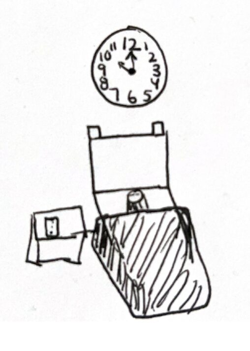 Figure in bed, time is 10pm on the clock. The figure is laying down and the phone is on the side table. Figures eyes are closed