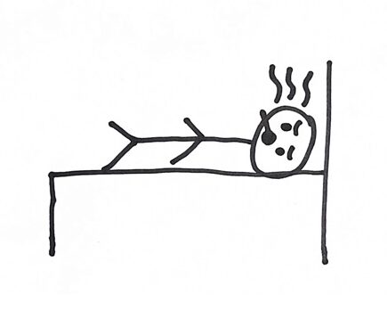 stick figure laying in bed with thermometer in mouth