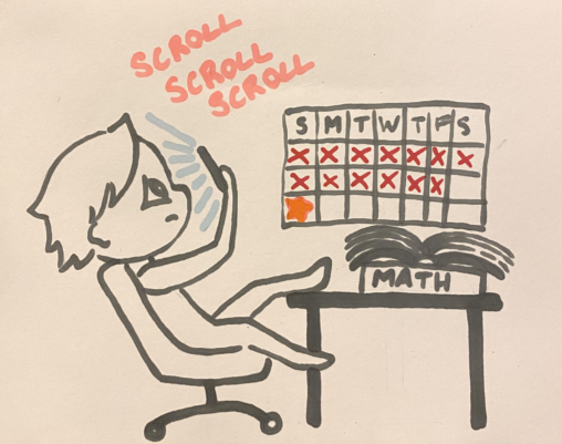 A cartoon in a chair stares at a phone and has one foot on a desk. Textbooks sit on the desk and a calendar is marked with X's and a star.