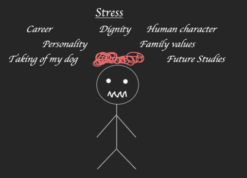 Stick figure person represent me because I stressed out sometimes thinking of my future that what I am going to do to make my life stable and smooth going. By the time I am getting into adulthood my stress is increasing from career to responsibilities like taking care of family, my values, not letting my dignity down, etc. This figure explains my stress for my future life and present.