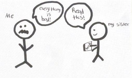 Two stick figure people standing. The one on the left has an angry face. The person on the left has a joyful look, holding a book and giving it to the angry person.
