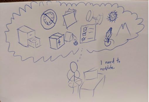 A stick figure is thinking at a desk in front of a badly drawn computer. Half the image is taken up by political symbols, papers, weights, coronavirus, filing cabinets, a moving box, a camping tent, a to-do list, a microphone, and an \'M\' logo. The figure comments \