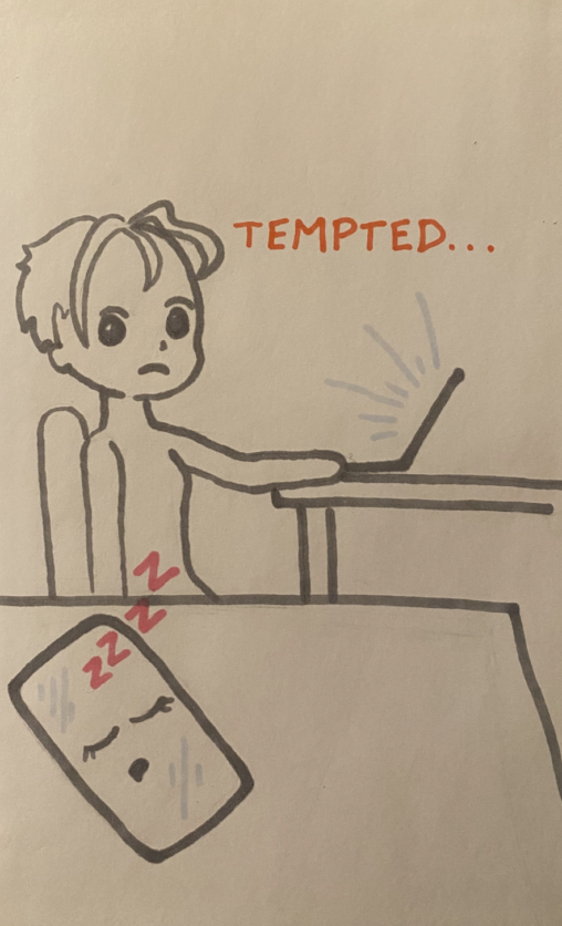 A figure stares at a phone while working on a laptop. The word "tempted" is above them.
