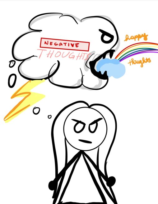 an angry cartoon cloud eating a rainbow and a furious girl