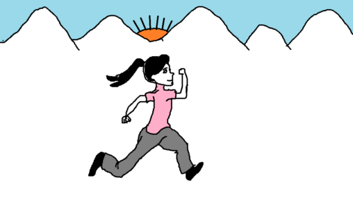 In this comic you see a girl who is doing exercise(running) in the morning and some mountains with a sun.