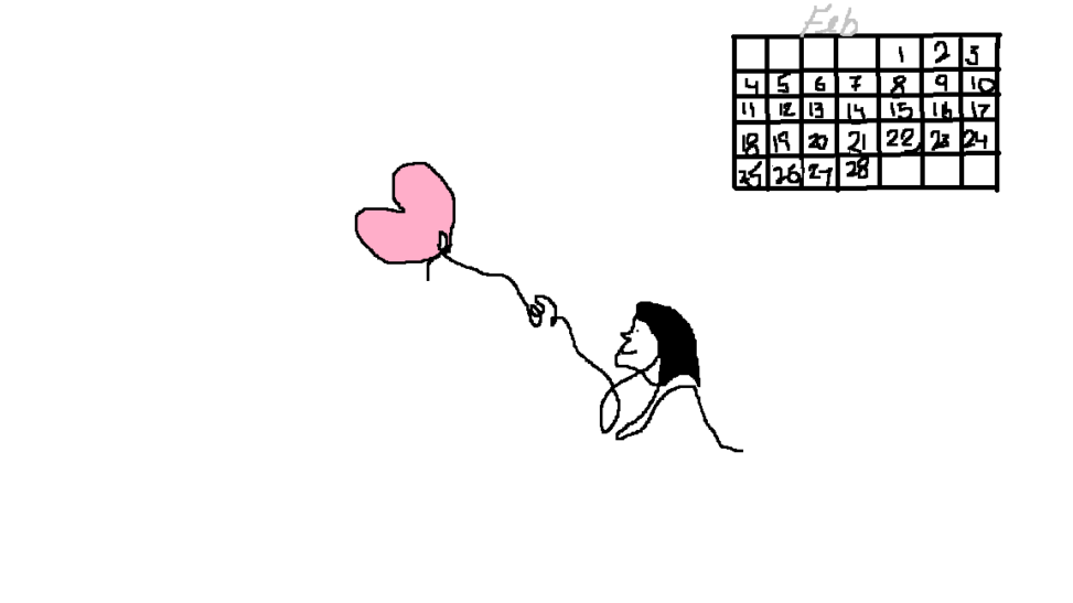 The stick figure shows the young happy girl holding a heart shaped balloon and a figure of calendar with the dates.