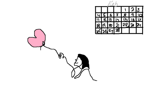 The stick figure shows the young happy girl holding a heart shaped balloon and a figure of calendar with the dates.