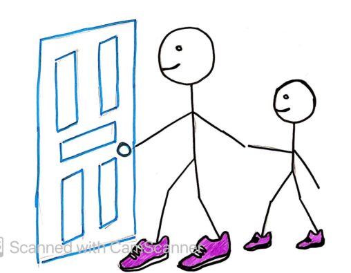 These stick figures, in their nice running shoes, are ready to leave the house to run and explore new trails and parks in their neighborhood.