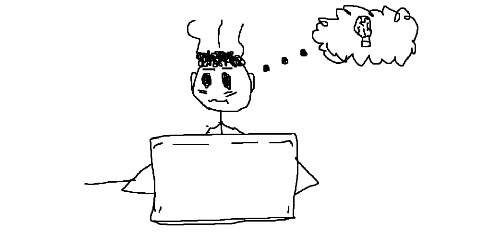 stick figure person staring at computer screen frustrated and tired, eyes are drowsy and have eyebags while eyebrows are frowning and he is trying to think but it is just a broken lightbulb