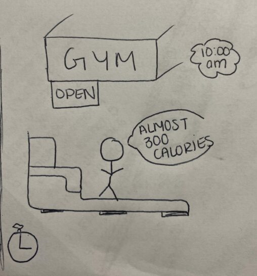 Stick figure person on the treadmill; exercising.