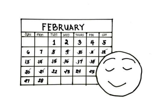 Calendar with check mark from February 8 to February 21 and a face with a relieved face beside it.