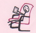 A stick person sitting in a pink lounge chair reading on a tablet.