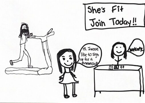 A girl standing at the front desk of a gym signing up for a gym membership.