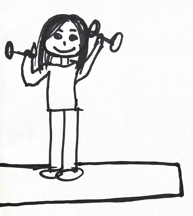 A girl standing on a yoga mat working out with dumbbells\\\' (weights)
