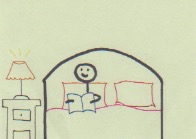 Stick figure sitting in bed against a red pillow with pink sheets on the bed and reading a blue book. There is a brown nightstand with a lamp on the left side of the bed.